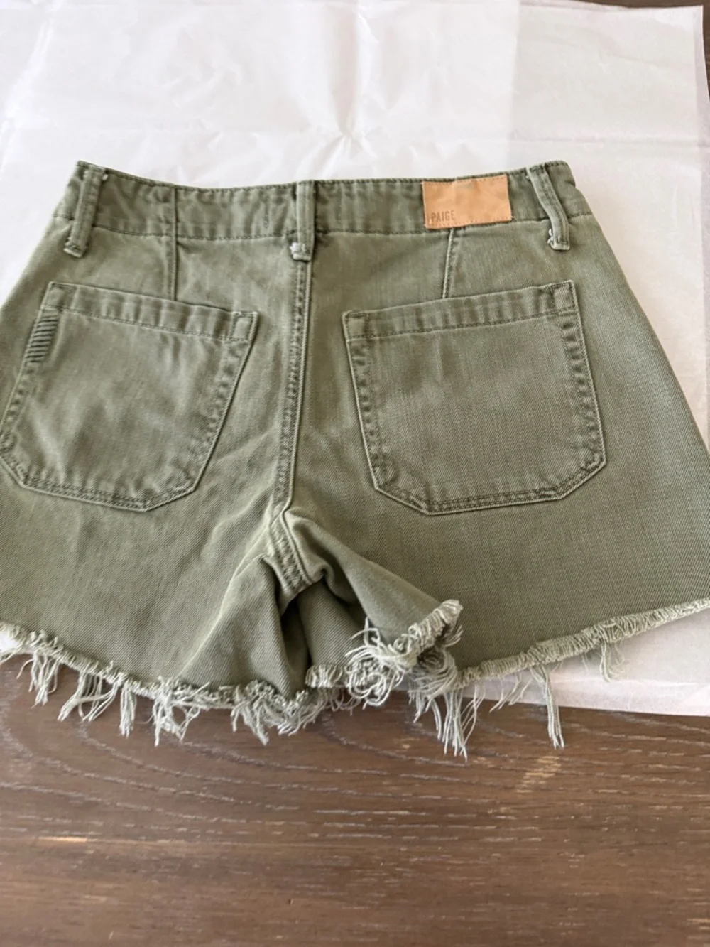 PAIGE Olive Green Frayed-Hem Denim Shorts - Picture 5 of 8